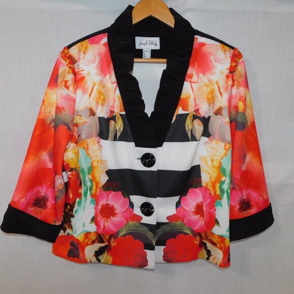 Joseph Ribkoff Women 16 Black White Striped Red Pink Floral Blazer Jacket Ruffle - Picture 1 of 10